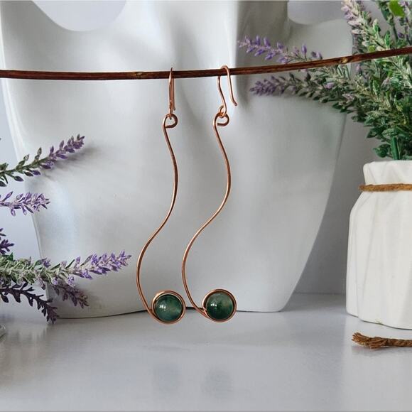 Handmade Copper Wire Wrapped Natural Green Jade Earrings - Elegant, Minimalist - Picture 8 of 8